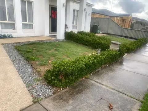 Front lawn with a clipped hedge along the path and gravel at the left, in front of a white house